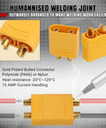 Rock Solid Xt90 Connector Plug Set Male And Female With Gold Plated Contacts High Temp Nylon for LiPo batteries shown from a front angle with connectors.