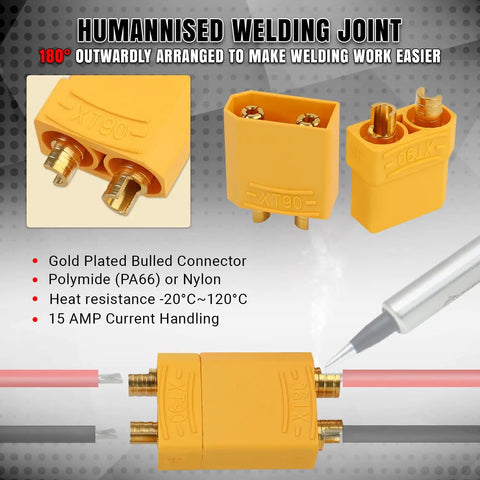 Rock Solid Xt90 Connector Plug Set Male And Female With Gold Plated Contacts High Temp Nylon for LiPo batteries shown from a front angle with connectors.