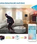 Motion detection alert displayed on phone with surveillance camera analyzing a room with a burglar in it.