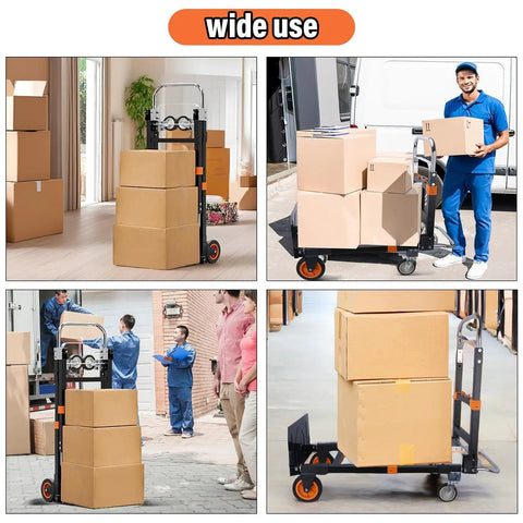 Heavy Duty 3 In 1 Folding Hand Truck And Convertible Dolly Cart featuring Swift Mode Swap, moving boxes indoors and outdoors.