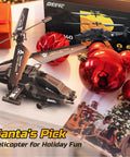 Dope Apache Style RC Helicopter For Kids And Adults with 2.4GHz Remote displayed near Christmas decorations and gift box