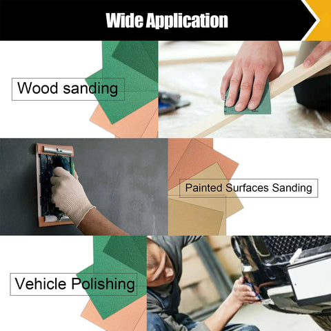 Multiple uses of 60 Piece Sandpaper Set for Wood Metal Automotive and Furniture Projects Pro Grade Grit Range sheets.