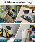 Enventor mini circular saw with laser guide and 6 blades; shown cutting metal, wood board, ceramic tile, and plastic.