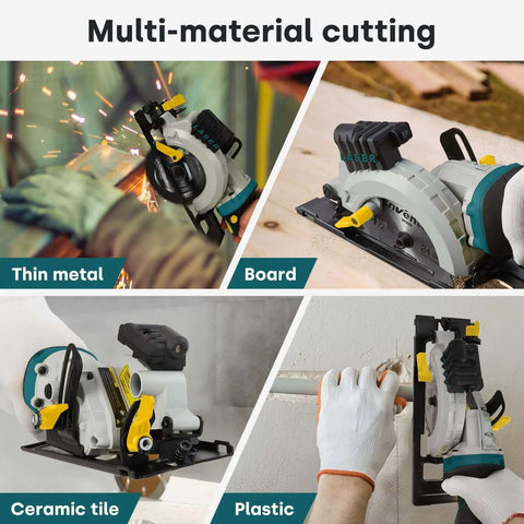 Enventor mini circular saw with laser guide and 6 blades; shown cutting metal, wood board, ceramic tile, and plastic.
