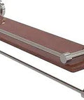 Dottingham Collection 22 Inch IPE Ironwood Gallery Rail And Towel Bar Wood Shelf In Satin Nickel Finish, wall mounted with brass hardware.