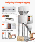 Slick Automatic Filling Machine With Smart Weighing Sensor And Foot Pedal For Coffee Beans Grains Spices Stainless Steel Particle Dispenser in use for weighing, filling, and bagging.