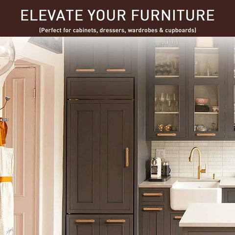 Kitchen with cabinets fitted with Two Pack Hand Stitch Brown Leather Cabinet Pulls 5 Inch Drawer Handles For Cabinets Dressers Cupboards And Bedroom Furniture Durable Metal Hardware With Leather Wrap Ideal Replacement For Worn Out Cabinet Hardware And Adds Rustic Modern Charm.