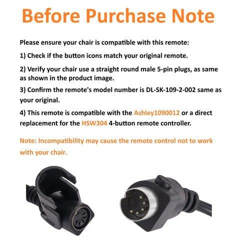 4 Button Lighted Remote Replacement With USB Charging Port For Dual Motor Lift Chair And Power Recliner Model DL SK 109 2 002 Easy Install Durable Build Fits Straight 5 Pin Plugs, 5-pin connector close-up