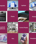Grid showcasing computers, laptops, ovens, printers, household appliances, control panels, TVs, smartphones.
