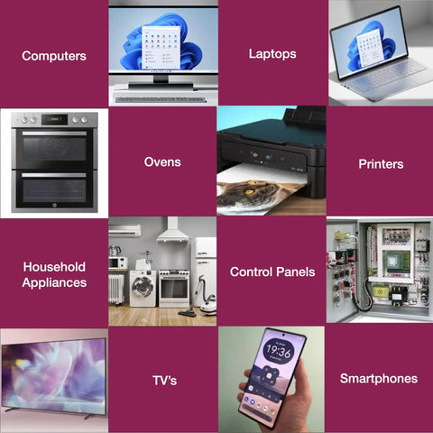 Grid showcasing computers, laptops, ovens, printers, household appliances, control panels, TVs, smartphones.