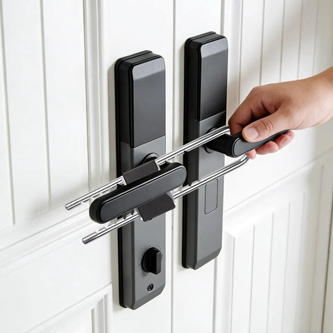 Hand installing Beefy U Shaped Portable French Door Lock For Double Doors With Handles And Knobs All Metal Security Lock