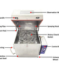 Inside view of Heavy Duty High Pressure Rotary Parts Washer Featuring 360 Degree Deep Wash with stainless steel shell and rotary basket.