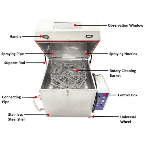 Inside view of Heavy Duty High Pressure Rotary Parts Washer Featuring 360 Degree Deep Wash with stainless steel shell and rotary basket.