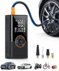 Portable Tire Inflator Air Compressor With Digital Pressure Gauge 150 PSI 3x Faster Inflation For Cars Motorcycles Bicycles And Sports Balls Plus Auto Shut Off Black next to a car tire with accessories