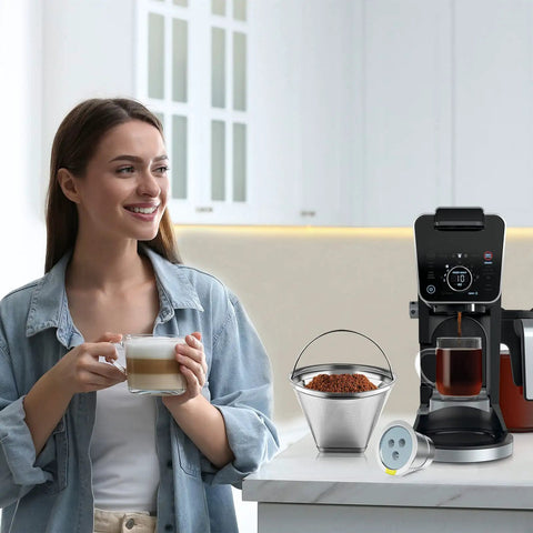Woman enjoying coffee with Stainless Steel Reusable Coffee Filter For Ninja And Most Coffee Makers Includes Four Cone Filters.