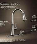 Kaori Single Handle Kitchen Faucet With Pull Down Sprayer And Soap Dispenser In Vibrant Stainless Finish, dimensions labeled