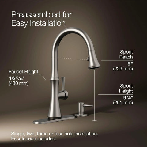 Kaori Single Handle Kitchen Faucet With Pull Down Sprayer And Soap Dispenser In Vibrant Stainless Finish, dimensions labeled
