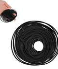 Hand holding a stack of rubber belts with 50 Pcs Cassette Recorder Rubber Belts Repair Kit 1mm Wide Fits 40 To 135mm Mix Flat Belts.