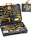 218 Piece Home Tool Kit with general household hand tools set including screwdrivers, wrenches, hammer, bow saw in storage case