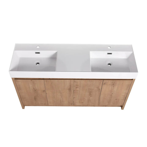 Top Shelf Heavy Duty Sixty Inch Bathroom Resin Sink With Slick Modern Countertop Basin waterproof finish above view with dual sinks.