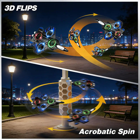 Foam RC Airplane With Lights, 360 Flip Stunt Fighter Jet Drone For Men performing aerobatic spins at night in park