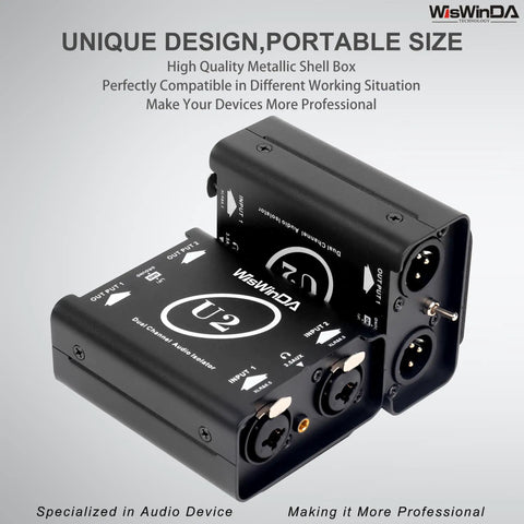 U2 Pro XLR To 1/4 Inch AUX HiFi Audio Isolation Box with Ground Loop Eliminator in black metallic shell, studio and home use