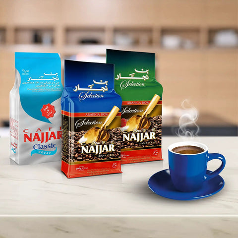 Turkish Coffee With Cardamom Ground Arabica Dark Roast 4 Pack 450g Each Bold Flavor Kick Works With Turkish Coffee Machines Lebanese Arabic Style Coffee Beverages with steaming mug