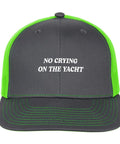Front view of Unisex Fluorescent Green Trucker Hat With Anti Sweat Band No Crying On The Yacht Style Golf Cap For Men And Women.