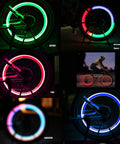 Colorful LED Bike Wheel Lights Set in green, red, blue, and mixed colors on night-lit bicycle rims, showcasing 5 pack waterproof spoke lights with easy install, 3 modes.