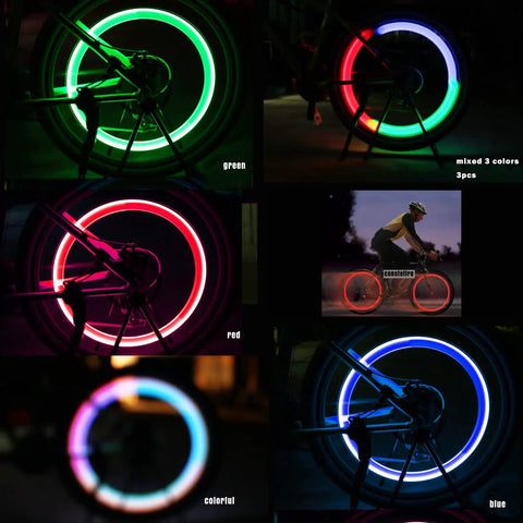 Colorful LED Bike Wheel Lights Set in green, red, blue, and mixed colors on night-lit bicycle rims, showcasing 5 pack waterproof spoke lights with easy install, 3 modes.