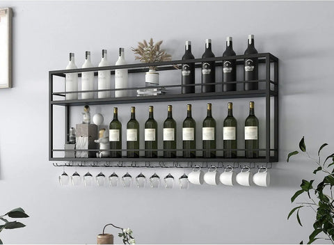 Top Shelf Wall Mounted Wine Rack With Dual Tier Wood And Metal Shelves For Bottles And Glasses Hella Ready Home Bar Display Stand That Knocks It Out Holding Your Liquor Collection In Matte Black with wine bottles and glasses.