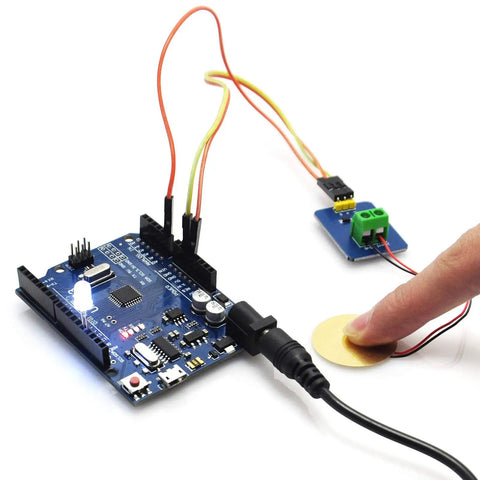 Analog Piezo Vibration Sensor Module for Arduino DIY Kit Plug And Play Ceramic Piezo Disc With Analog Output Dope For Prototyping Robots And Vibration Sensing Projects Case Pack Of Five EK1952 connected to Arduino with fingertip tapping disc