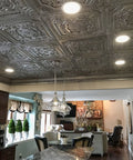 PVC 2x2 Ceiling Tile In Aged Silver, Lay-In Or Glue-Up Cover For 40 Sq Ft, 10 Piece Set, Elizabethan Shield Design installed