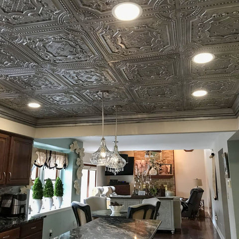 PVC 2x2 Ceiling Tile In Aged Silver, Lay-In Or Glue-Up Cover For 40 Sq Ft, 10 Piece Set, Elizabethan Shield Design installed