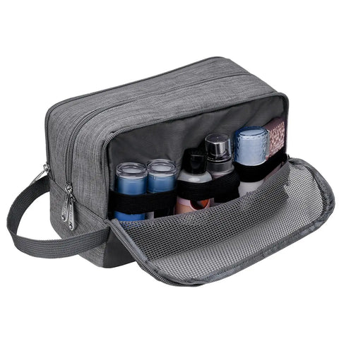 Lightweight Denim Grey Hanging Dopp Kit For Men Travel Toiletry Bag Water Resistant Small Organizer with grooming items visible