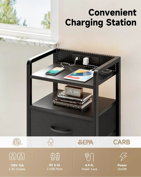 Modern nightstand with charging station, USB ports, AC outlets, and LED light strip; storage shelf and fabric drawers visible; smart bedroom use.