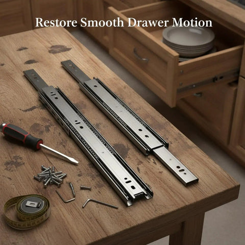 Rugged Metal Drawer Slides Twin Pack For Smooth Cabinet And Furniture Glide, Heavy Duty Replacement Rails In Black Stainless Steel, tools included