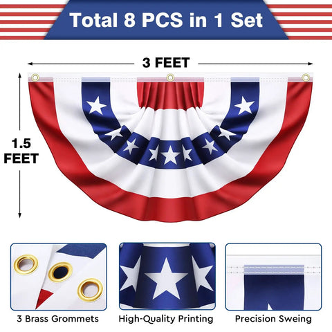 8 Pack Pleated Bunting Flags For Outdoor Use 1.5x3 Ft Red White And Blue American Patriotic Half Fan Banners with brass grommets