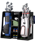 Wooden Golf Storage Organizer For Garage With Premium Bag Holder Rack showing two bags, shoes, and accessories in dark black finish.