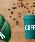 Green coffee cup with 'COFFEE' text next to white letter 'A' for No Fuss Easy Peel Vinyl Letter Stickers 8 Sheet Set.