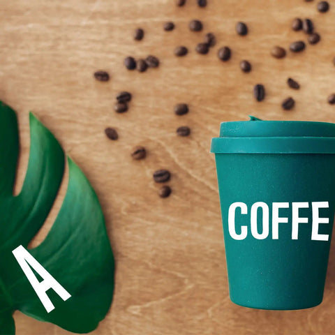 Green coffee cup with 'COFFEE' text next to white letter 'A' for No Fuss Easy Peel Vinyl Letter Stickers 8 Sheet Set.