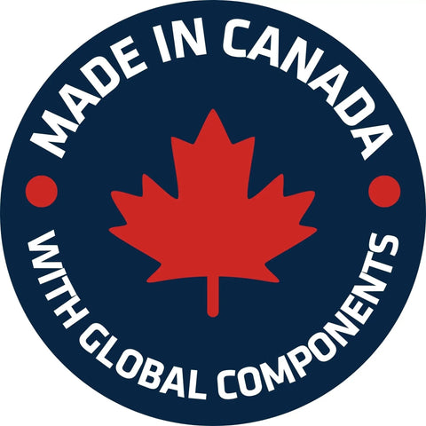 Made in Canada logo with red maple leaf and text, highlighting global components. Ideal for product authenticity.