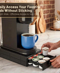 Under-Cabinet Coffee Pod Organizer Drawer For Keurig K-Cups, Ultra Compact 3-Drawer Holder with coffee maker on countertop