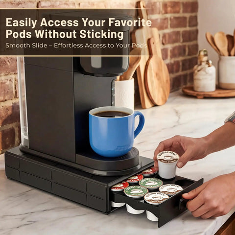 Under-Cabinet Coffee Pod Organizer Drawer For Keurig K-Cups, Ultra Compact 3-Drawer Holder with coffee maker on countertop