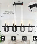 8 Light Black Rectangular Farmhouse Chandelier For Dining Room And Kitchen Island Modern Linear Pendant Light Over Table Industrial Style Home Decor For The Modern Kitchen And Dining Area That Looks Crisp And Totally Lit And Bold with E12 bulbs and adjustable heights displayed on diagram.