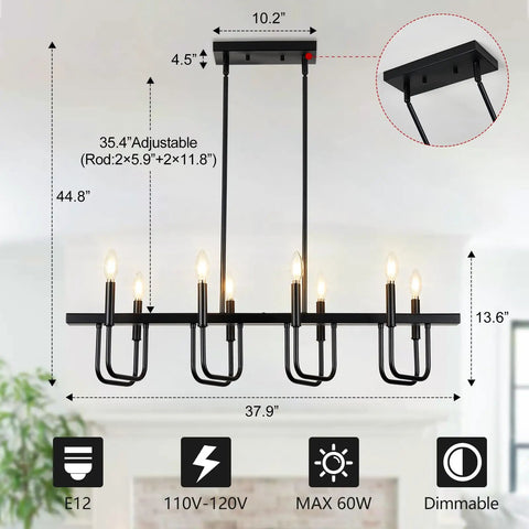 8 Light Black Rectangular Farmhouse Chandelier For Dining Room And Kitchen Island Modern Linear Pendant Light Over Table Industrial Style Home Decor For The Modern Kitchen And Dining Area That Looks Crisp And Totally Lit And Bold with E12 bulbs and adjustable heights displayed on diagram.
