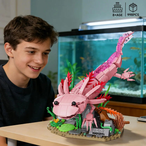 Axolotl Building Set For Adults And Teens 998 Piece Marine Animal Kit With Movable Joints And Display Base STEM Toy Gift, pink axolotl model on base