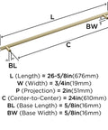 Diagram of Golden Champagne Appliance Pull 24 Inch Center To Center Cabinet Handle dimensions with length, width, and projection details.
