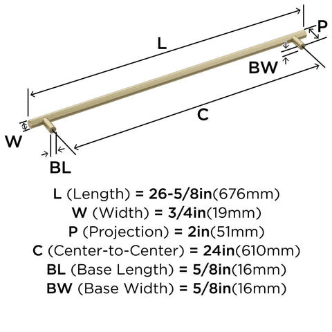 Diagram of Golden Champagne Appliance Pull 24 Inch Center To Center Cabinet Handle dimensions with length, width, and projection details.