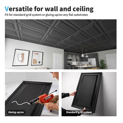 Dope Matte Black 3D Wall Panels Diamond Pattern Kit Lightweight PVC Tiles Easy DIY Accent Wall Decor 12 Panels Covering 32 Sq Ft Fire Resistant Modern Interior Makeover installed on ceiling and wall.